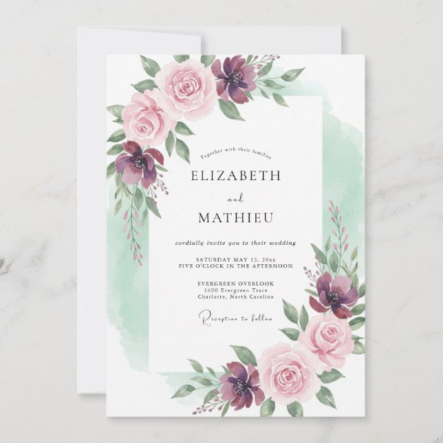 Convites Florescimento Romântico Casamento Flor de Malva (Frente)