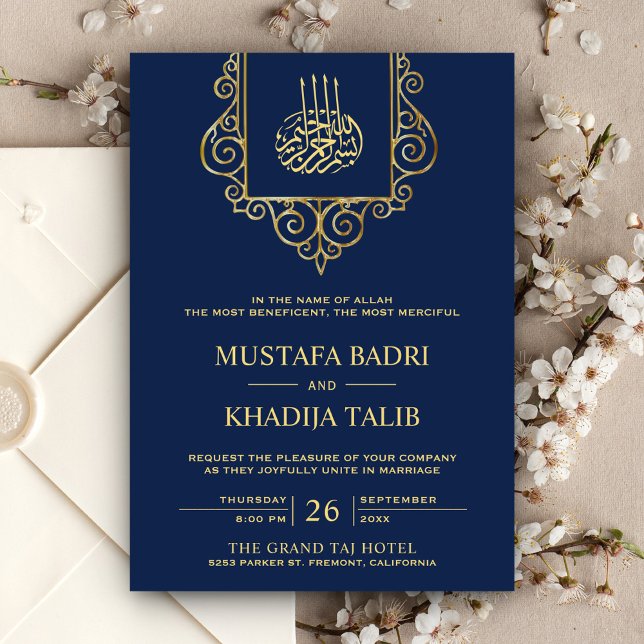 Convites Florescimento Vintage Dourado Azul Casamento Islâm (Criador carregado)