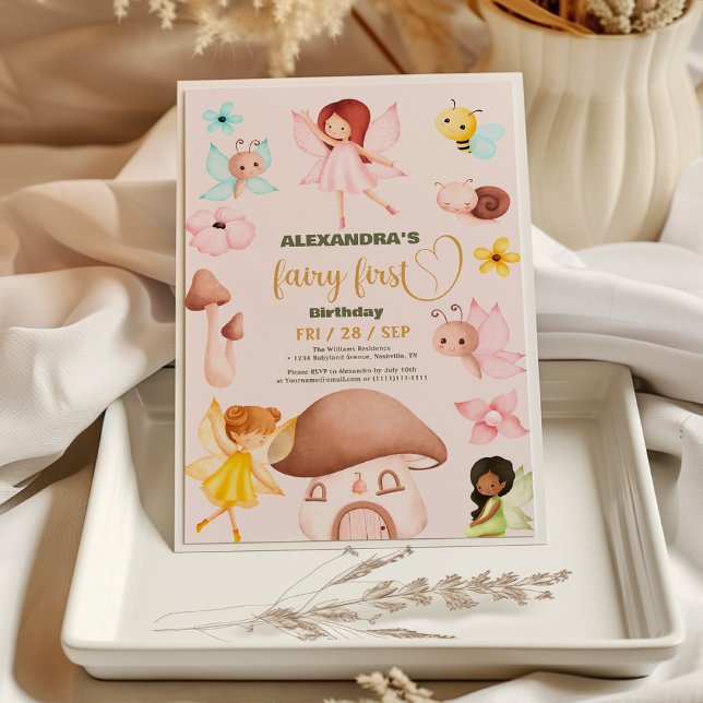 Convites Floresta Aquarela Greenerescência Fada Primeiro An (Criador carregado)