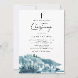 Convites Floresta Azul de Aquarela Batismo de Inverno