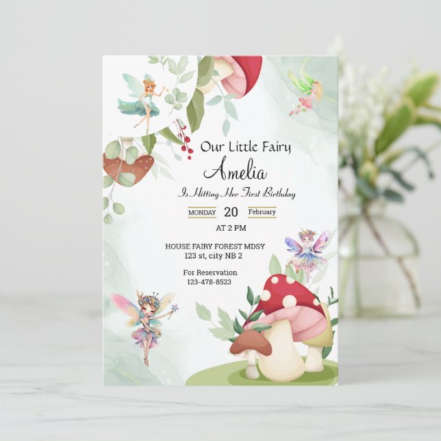 Convites floresta de aquarela de fada de aniversário de cog (Em pé/Frente)