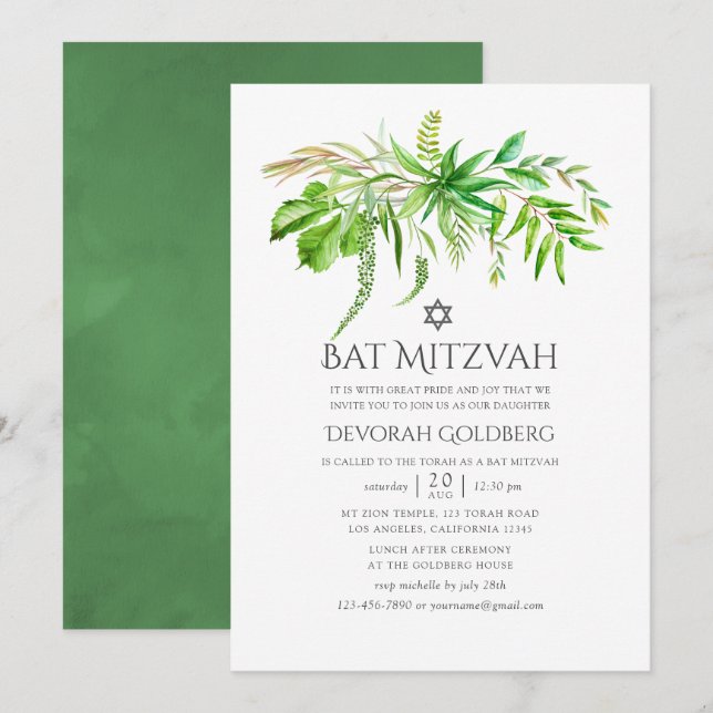 Convites Floresta de Aquarela Greenery Bat Mitzvah (Frente/Verso)