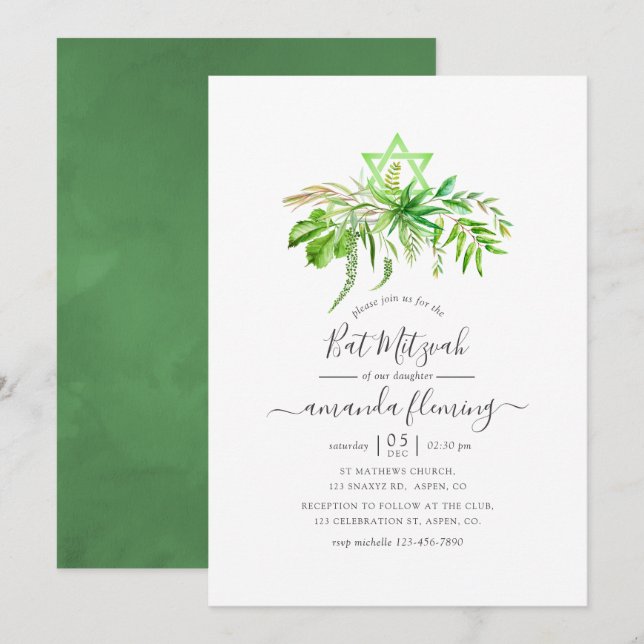 Convites Floresta de Aquarela Greenery Bat Mitzvah (Frente/Verso)