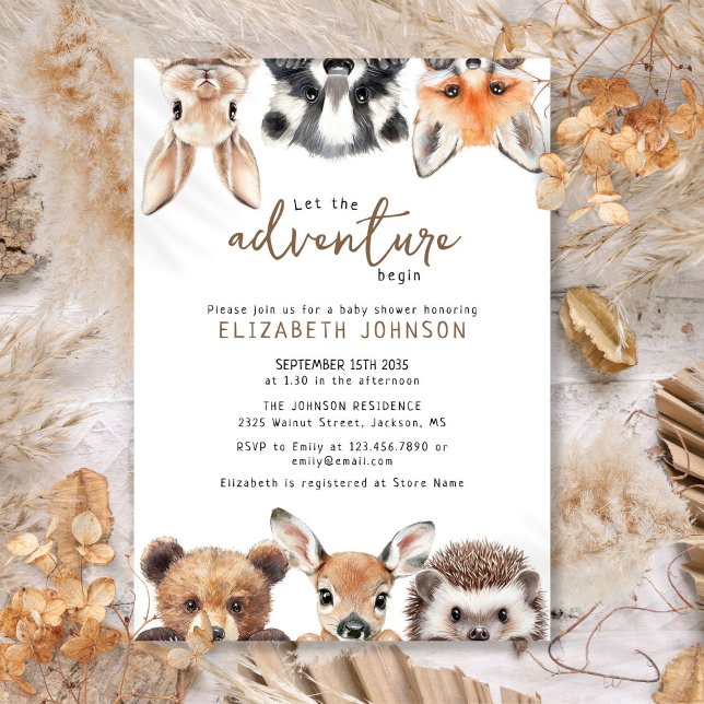 Convites Floresta de Aventura Fofa Animais de Madeira Chá d (Cute Adventure Forest Woodland Animals Baby Shower Invitation)