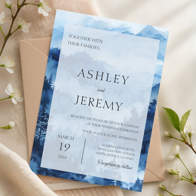 Convites Floresta de Destino de Montanha Russa Azul (Blue Rustic Mountain Wedding Destination Forest Invitation)