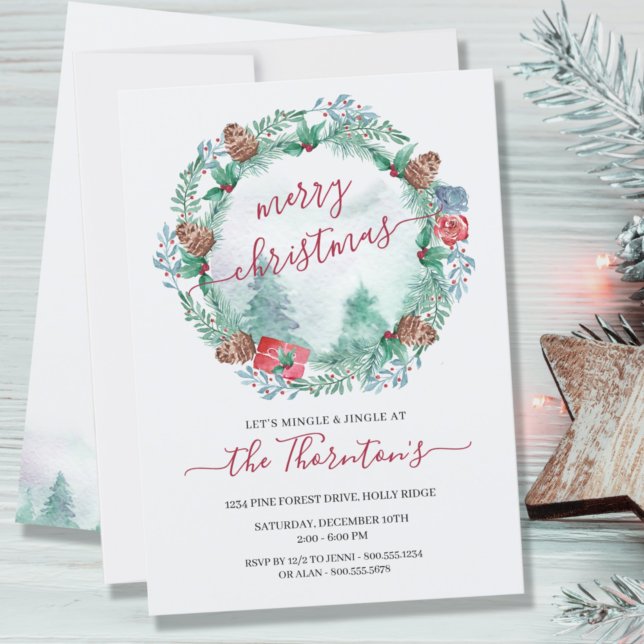 Convites Floresta de inverno simples e Pine Wreath Watercol (Criador carregado)