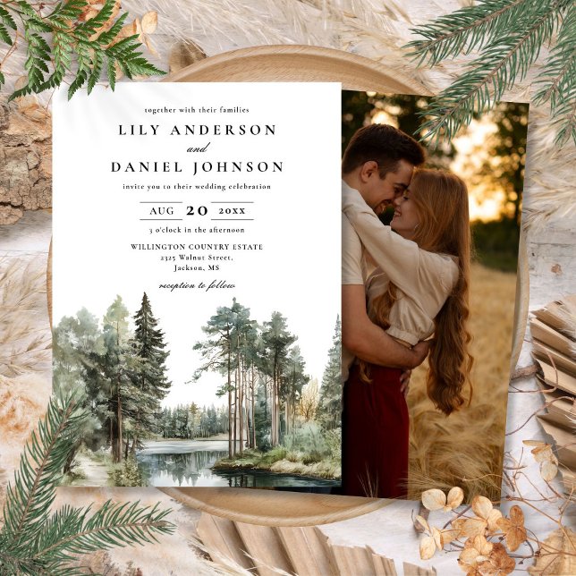 Convites Floresta De Lago De Aquarela Foto Casamento (Watercolor Lake Forest Woodland Photo Wedding Invitation)