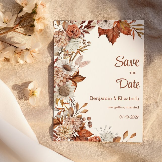 Convites Floresta de laranja branco castanho caída russa Sa (Brown white orange fall flora rustic Save the Date)