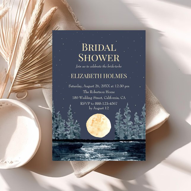 Convites Floresta de Lua Cheia e Chá de panela do Lago (Full Moon Forest and Lake Bridal Shower Invitation on a boho table.)