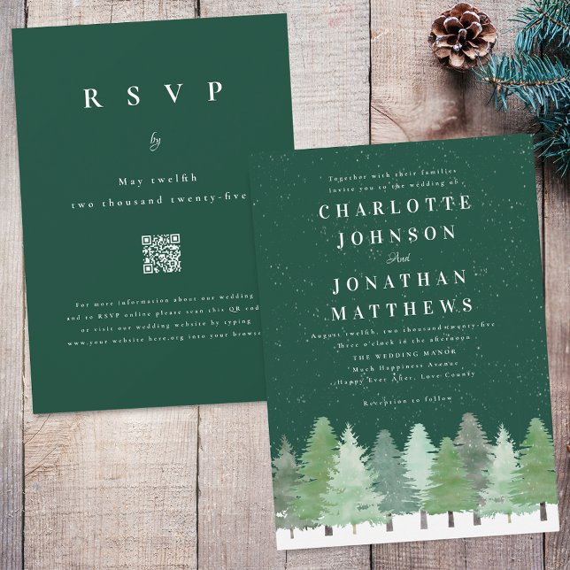 Convites Floresta de Madeira Código QR Casamento Verde de I (Modern elegant watercolor Woodland forest green winter wedding qr code invitation)