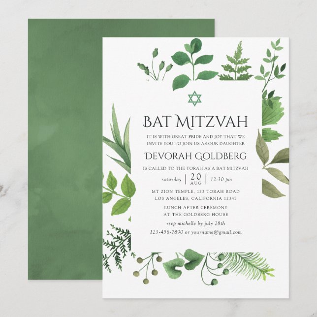 Convites Floresta de Madeira Verde Bat Mitzvah (Frente/Verso)