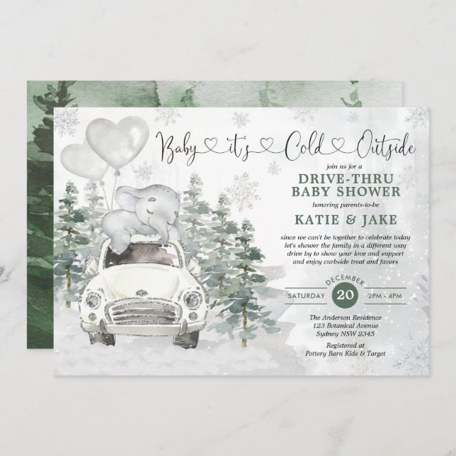 Convites Floresta de Neve De Elefante De Inverno Por Chá de (Frente/Verso)