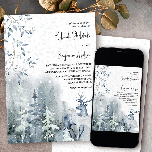 Convites Floresta de Neve e Casamento Azul de Deer Dusty (Wedding invitation from my Snow Forest Winter Wedding collection)