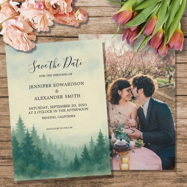Convites Floresta de pinheiros com aquarela Salvar a foto d (Watercolor pine tree forest Save the Date photo Invitation. For your rustic wedding.)
