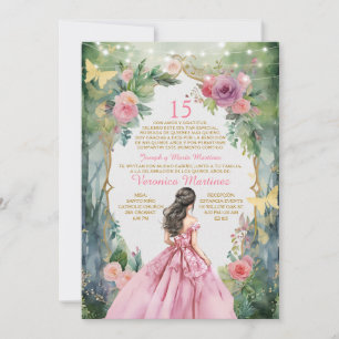 Convites Floresta de Vestido Princesa Rosa Espanhola 15 Año