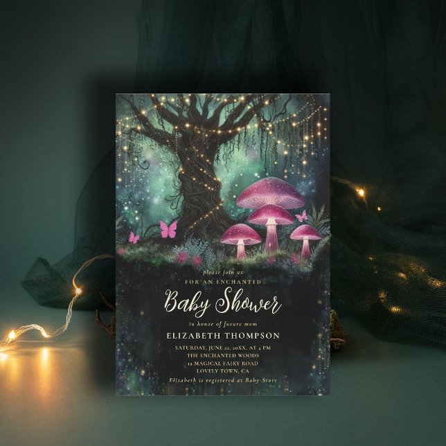 Convites Floresta Encantada Bosque Árvore Mágica Chás de Be (enchanted forest baby shower invitation woodland mushrooms magical tree fairy tale storybook)
