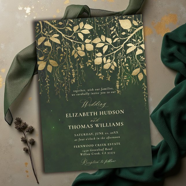 Convites Floresta Encantada Caça Verde Folhagem Dourada Cas (enchanted forest wedding invitations hunter green gold foliage elegant modern classic)