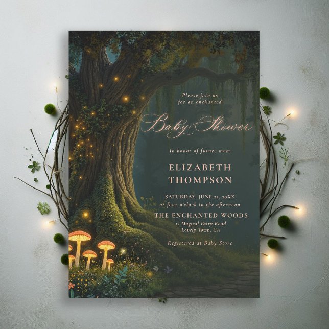 Convites Floresta Encantada Cogumelo Glow Madeira Chá de Be (enchanted forest baby shower theme invitation magical fairy tale mushrooms woods moody)
