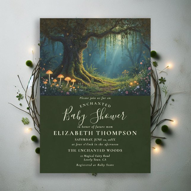 Convites Floresta Encantada Cogumelo Luminoso Musgo Chá de  (enchanted forest baby shower theme invite magical fairy tale mushrooms woodland wildflowers)