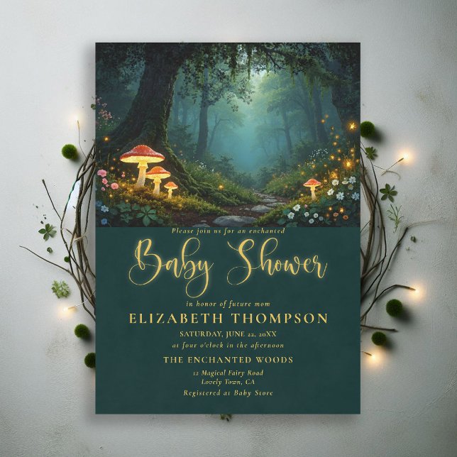 Convites Floresta Encantada Cogumelos Flores Silvestres Chá (enchanted forest baby shower theme invite magical fairy tale mushrooms woodland wildflowers glow)