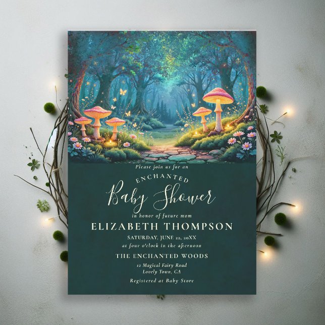 Convites Floresta Encantada Cogumelos Luminosos Arte Chá de (enchanted forest baby shower theme invite magical fairy tale glowing mushrooms woodland grove)
