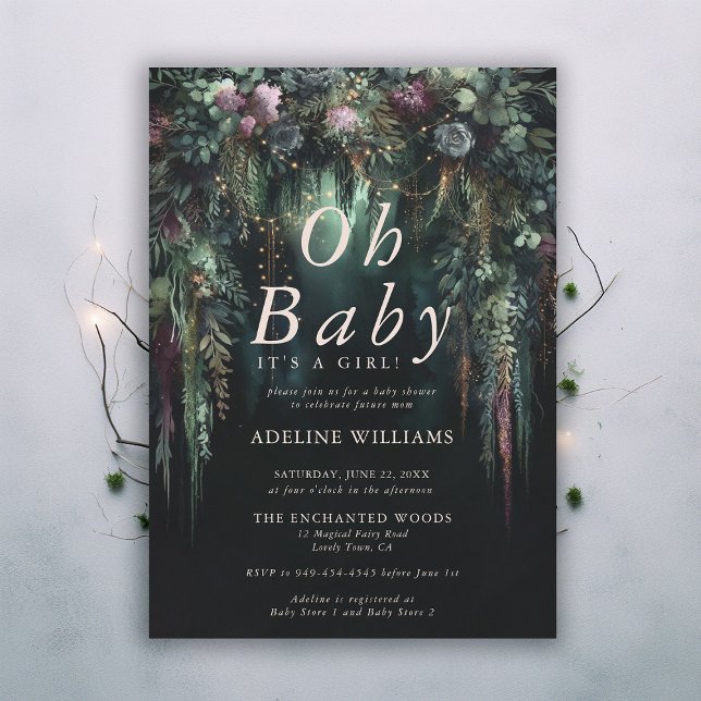 Convites Floresta Encantada Conto de Fadas Chã de Bebê Flor (enchanted forest baby shower emerald green mauve purple arch woodland fairy tale faerie magic invite)