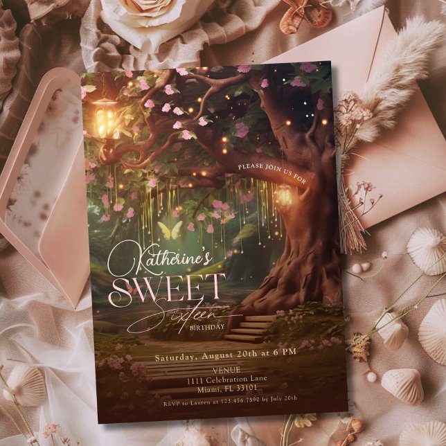 Convites Floresta Encantada de Madeira Fantasia Brilho Swee (Fantasy Woodland Enchanted Forest Glow Sweet 16 Invitation)