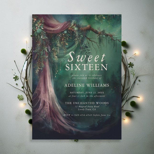 Convites Floresta Encantada, Emerald Mauve Fairytale Sweet  (enchanted forest sweet 16 emerald green mauve purple veil woodland fairy tale faerie magic invite)