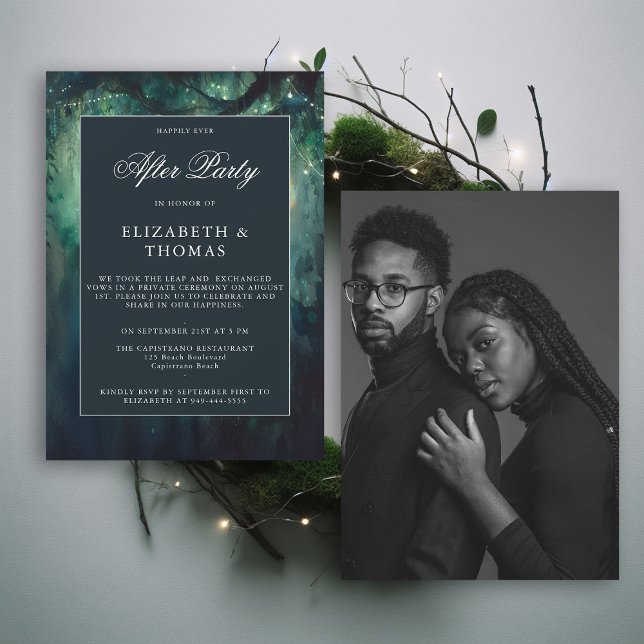 Convites Floresta Encantada Esmeralda Após Recepção de Fest (reception only happily ever after party wedding invitation enchanted forest garden fairy lights chic)