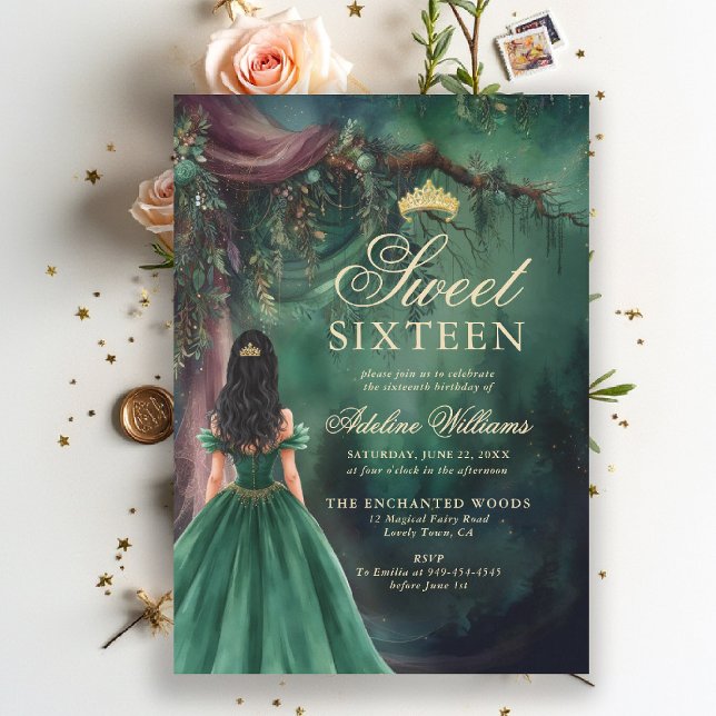 Convites Floresta Encantada Esmeralda Dourado Conto de Fada (enchanted forest sweet 16 sixteen invitation emerald green gold fairytale fairy tale princess script)