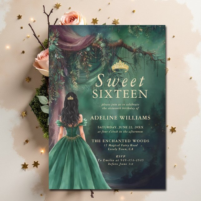 Convites Floresta Encantada Esmeralda Dourado Conto de Fada (enchanted forest sweet 16 sixteen invitation emerald green gold fairytale fairy tale princess woods)