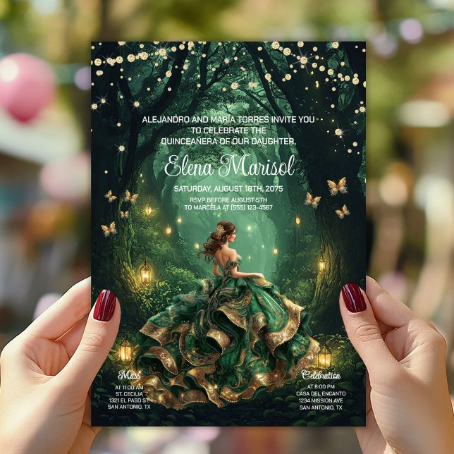 Convites Floresta Encantada Esmeralda Quinceañera (Enchanted forest Quinceañera invite with beautiful gown, butterflies, forest lanterns. Add your info)