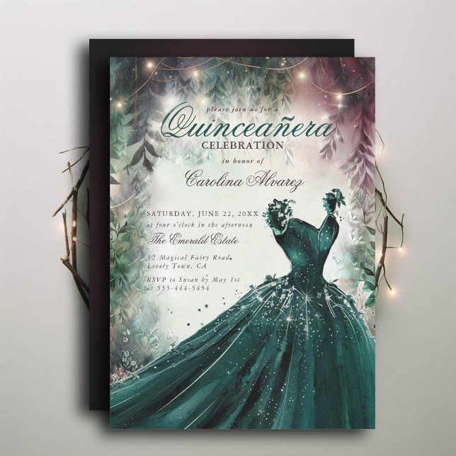 Convites Floresta Encantada Fada Princesa Mauceanera (enchanted forest quinceanera princess dress invitation emerald green mauve calligraphy)