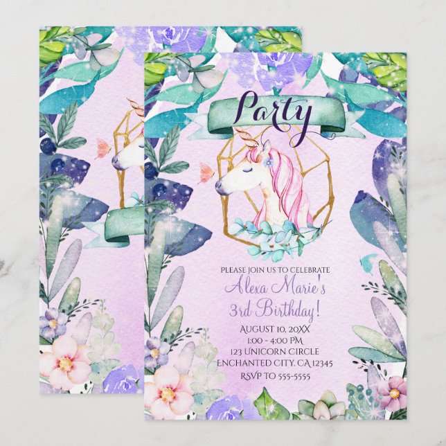 Convites Floresta Encantada Fantasia Magia Festa do Unicórn (Frente/Verso)