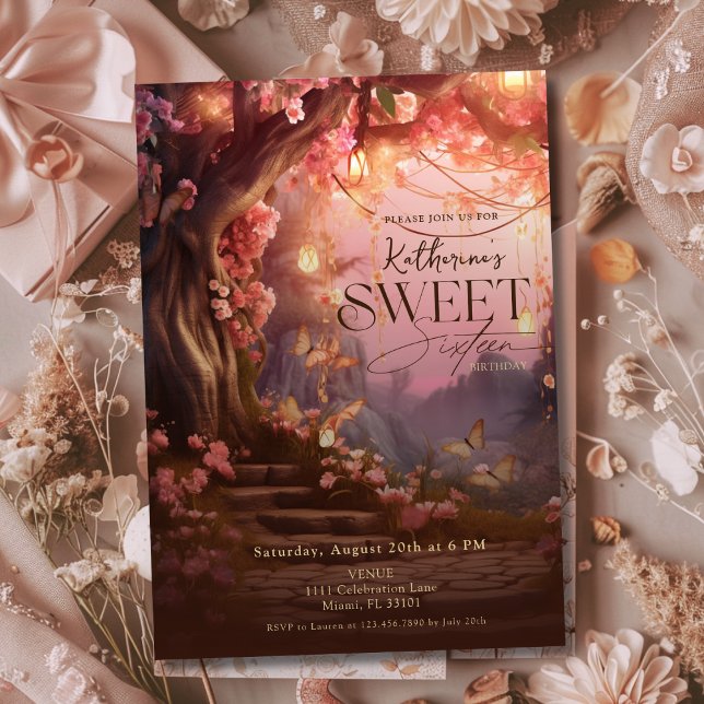 Convites Floresta Encantada Fantasy Woodland Sweet 16 (Enchanted Forest Glow Fantasy Woodland Sweet 16 Invitation)