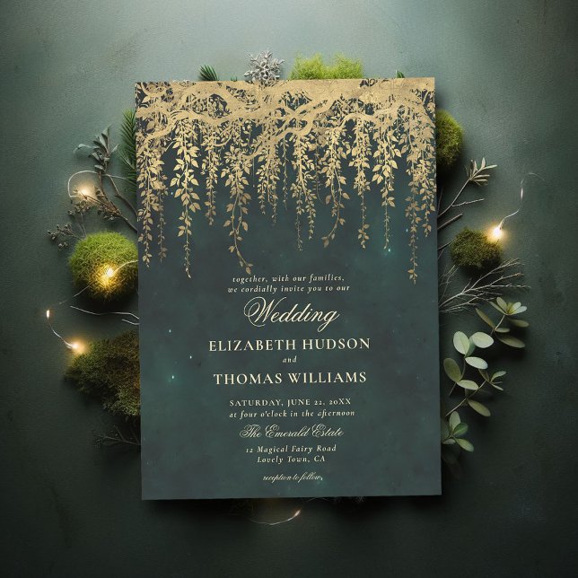 Convites Floresta Encantada Mantendo Casamento Verde Dourad (enchanted forest gold vines wedding invitation magical fairy garden gold emerald elegant classic)