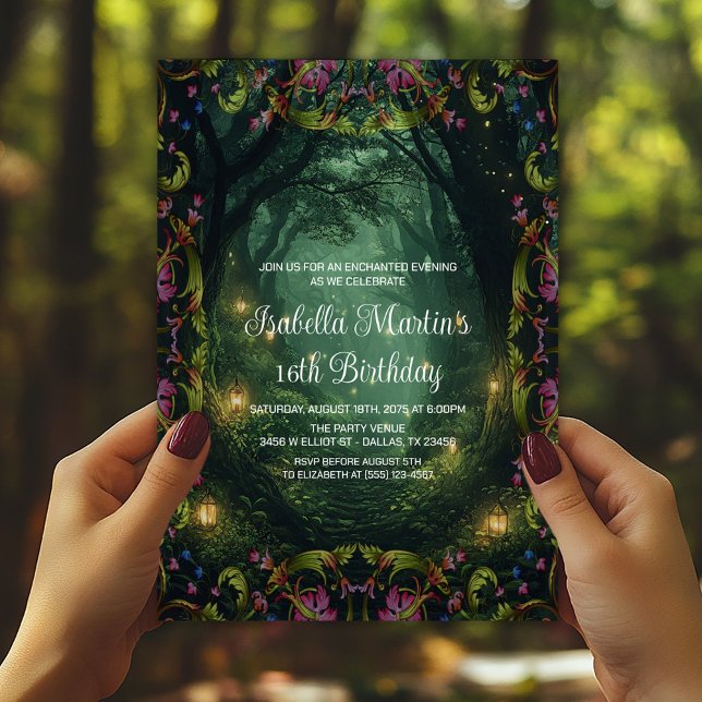 Convites Floresta Encantada Qualquer Aniversário de Baile d (Enchanted forest invitations for birthdays, prom, and any event. Simply add your event details.)