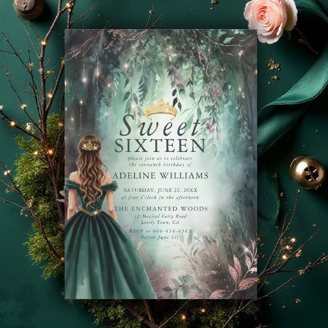 Convites Floresta Encantada Tiara Dourada Emerald Mauve Swe (sweet 16 invitations enchanted forest emerald green gold princess tiara fairytale magical garden)