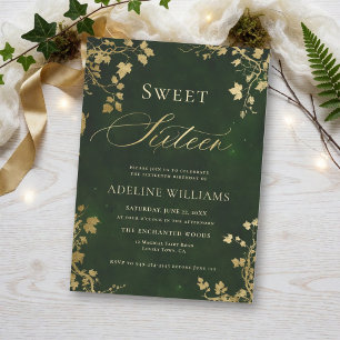 Convites Floresta Encantada Verde Dourado Moderno Sweet 16