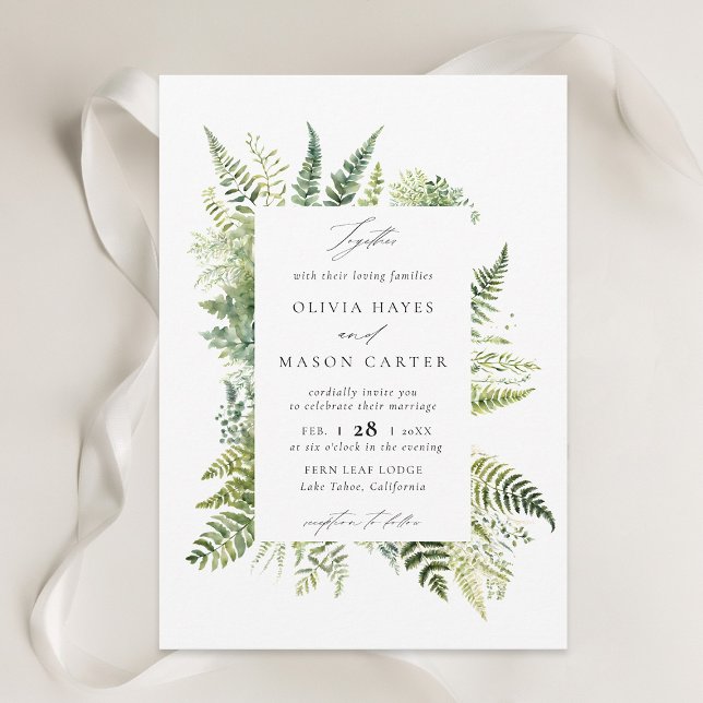 Convites Floresta Fern Montanhas Woodland (forest wedding invitation woodland fern botanical frame elegant rustic mountains outdoors nature)