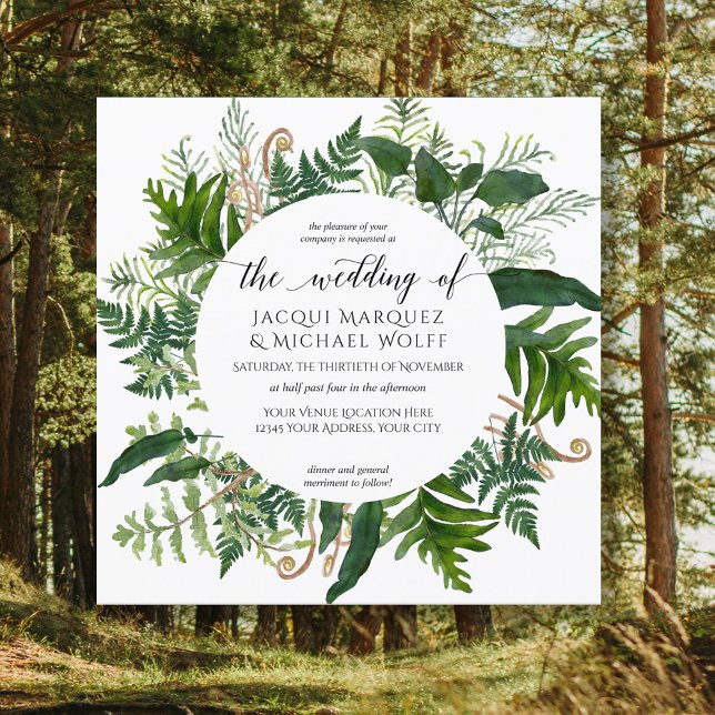 Convites Floresta Ferns Foliage Casamento Watercolor Wreath (Criador carregado)