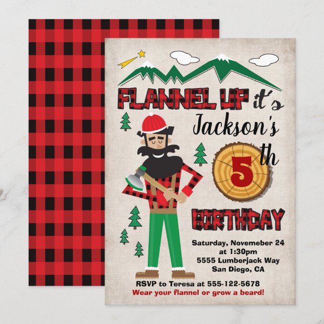 Convites Floresta Flannel de Festa de aniversário Lumberjac (Frente/Verso)