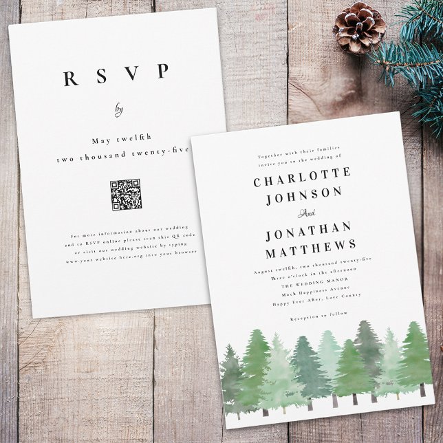 Convites Floresta Moderna de Madeira Código QR Casamento de (Modern watercolor Woodland pine forest qr code wedding invitation)