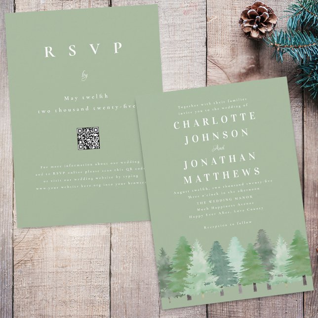 Convites Floresta Moderna de Madeira Código QR Sage Verde C (Modern watercolor Woodland pine forest sage green wedding qr code invitation Simple evergreen trees)