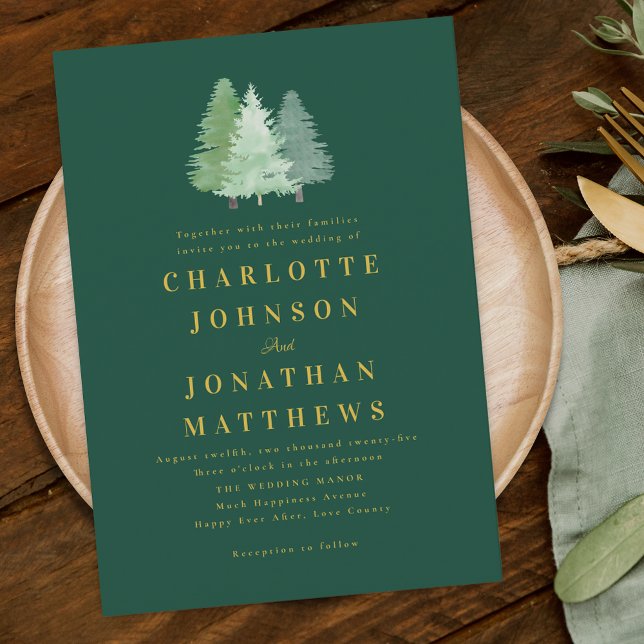 Convites Floresta Moderna de Madeira Dourado Casamento Verd (Modern simple woodland watercolor forest gold and green wedding invitation Elegant typography )