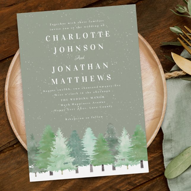 Convites Floresta Moderna de Madeira, Verde Sage, Casamento (Modern Woodland forest sage green winter wedding invitation Watercolor evergreen trees snow scene)