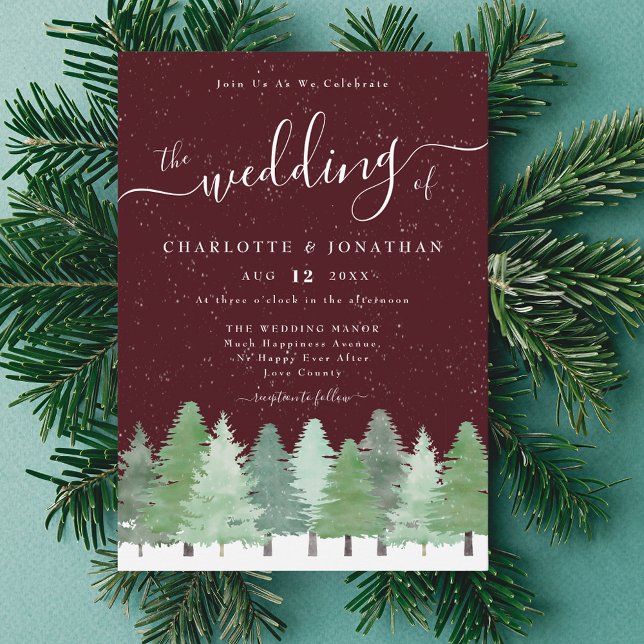 Convites Floresta Moderna de Woodland Borgonha Casamento de (Elegant woodland forest burgundy winter wedding invitation )