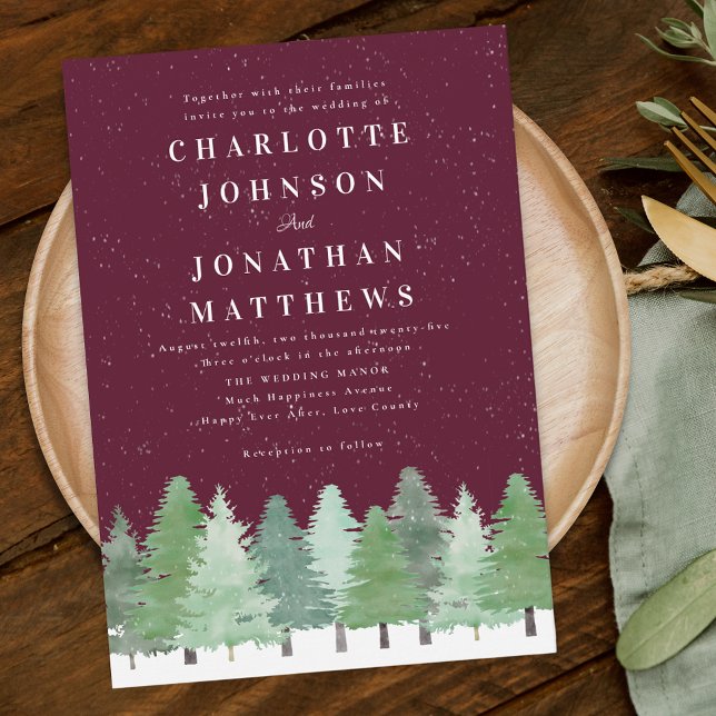 Convites Floresta Moderna de Woodland Borgonha Casamento de (Modern watercolor Woodland snow forest burgundy winter wedding invitation elegant script)
