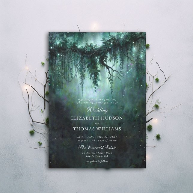Convites Floresta Moody Greenery Encantado Casamento Azul E (moody forest wedding enchanted fairy tale faerie woodland magical bespoke elegant blue formal invite)