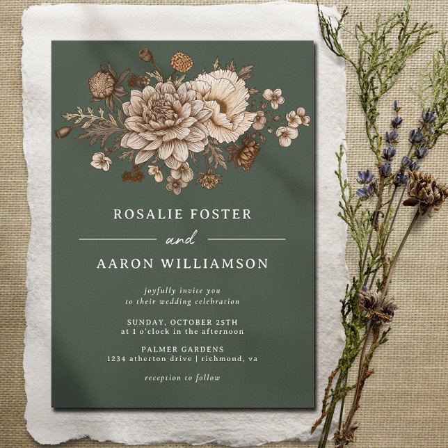 Convites Floresta Moss Verde e Flores Neutrais | Boho Weddi (Criador carregado)